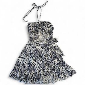 Skylar Madison Smocked Halter Mini Dress Blue White Ruffle Hem Small